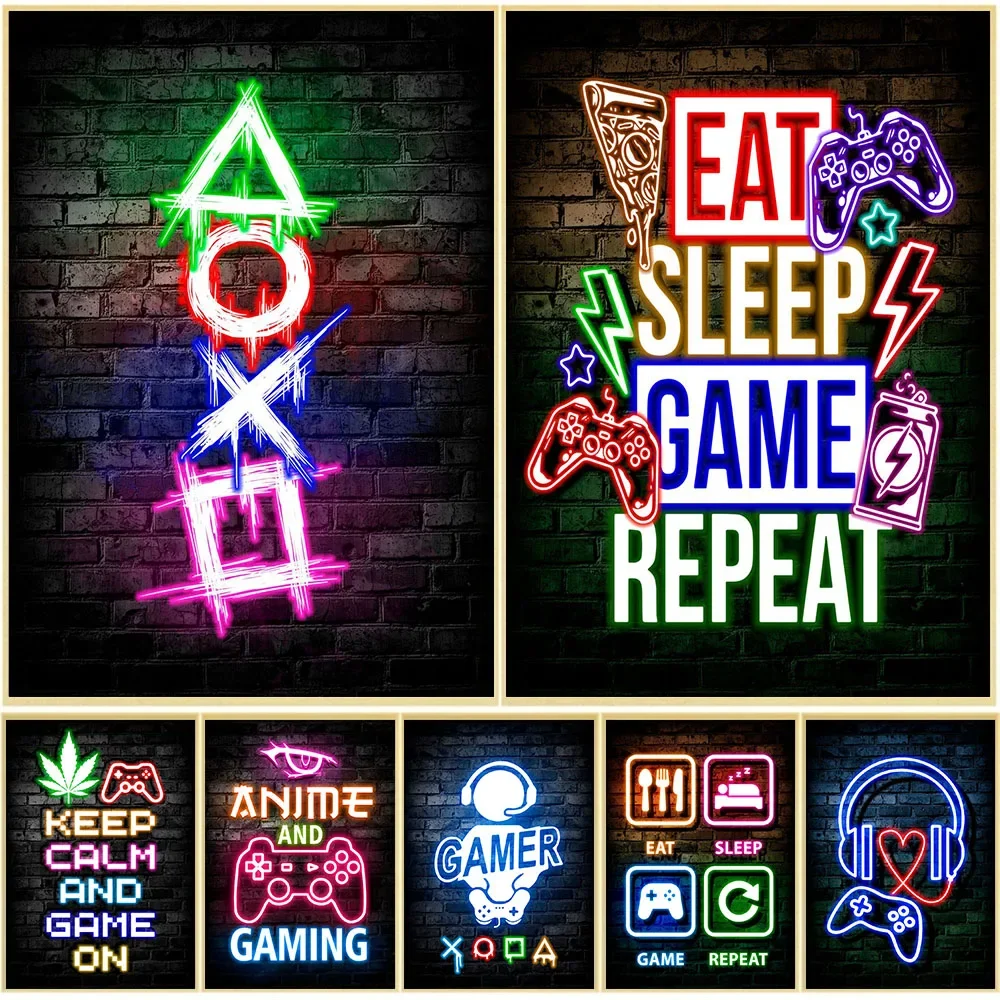 Gaming Accessories Wall - Игровые неоновые постеры «Ешь, спи, играй,